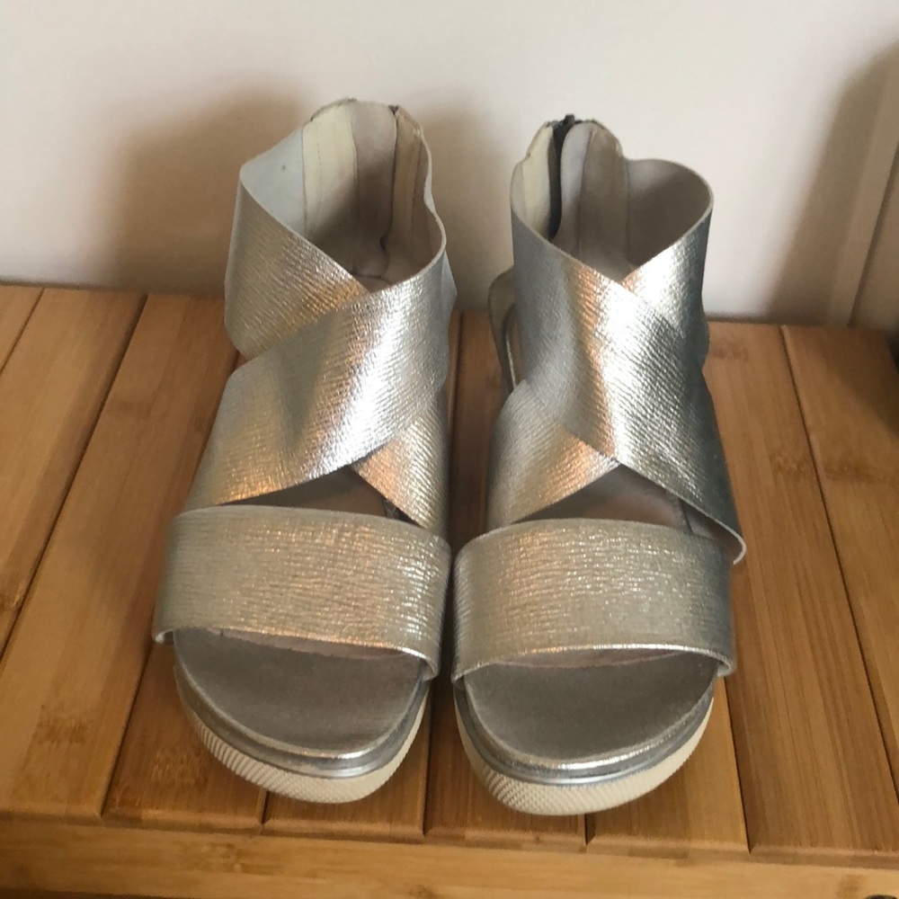 Eileen Fisher Silver Metallic Crisscross Sandals